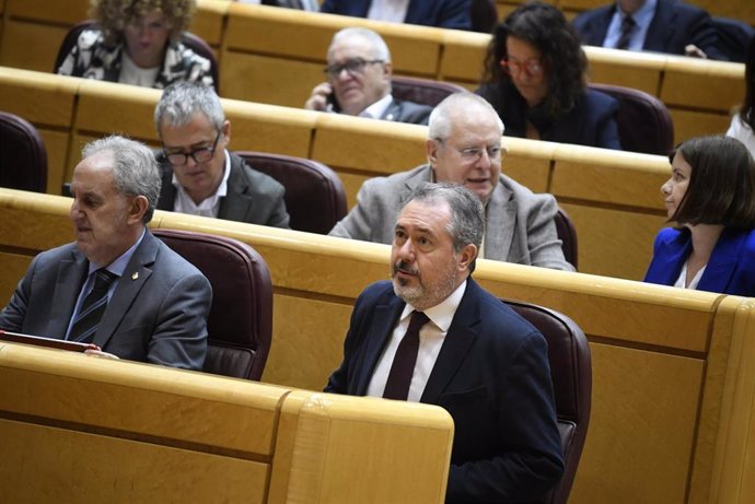 En primera fila, los senadores del PSOE, Alfonso Gil (i) y Juan Espadas (d) durante un pleno extraordinario en el Senado, a 14 de octubre de 2024, en Madrid (España). La Cámara Alta afronta el debate y votación de la ley sobre intercambio de antecedentes 