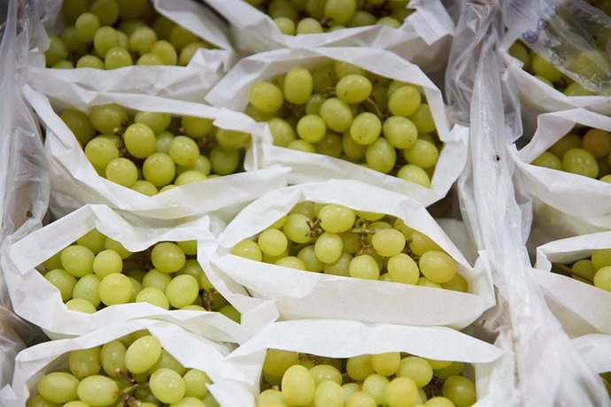 Archivo - Racimos de uvas en un expositor de una frutería en un mercado.