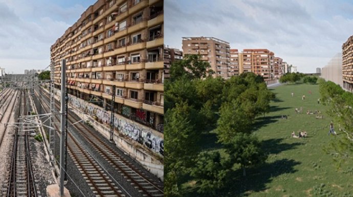 Archivo - Imagen de archivo de las vías del tren en la zona sur de València y simulación del corredor verde que reclaman los vecinos. 