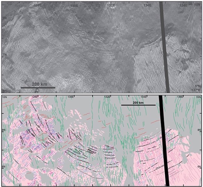 Una imagen de radar (arriba) y un mapa geológico (abajo) de la tesela de Haastte-baad (rosa), cortado por un conjunto de anillos concéntricos únicos (negros) que registran un tipo de cráter de impacto recientemente reconocido en Venus.