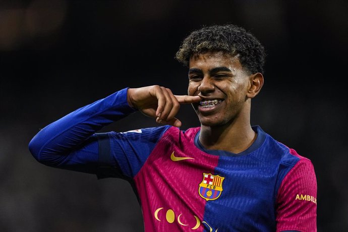 Lamine Yamal of FC Barcelona celebrates a goal during the Spanish league, La Liga EA Sports, football match played between Real Madrid and FC Barcelona at Santiago Bernabeu stadium on October 26, 2024, in Madrid, Spain.