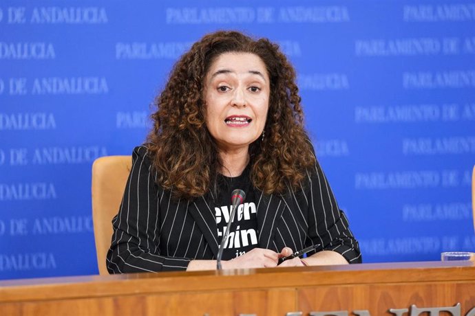 La portavoz del grupo Por Andalucía, Inma Nieto, en rueda de prensa en el Parlamento. (Foto de archivo).