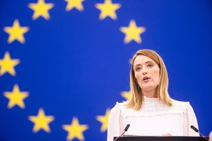 Archivo - 17 September 2024, France, Strassburg: Roberta Metsola, President of the European Parliament, speaks during a plenary session of the European Parliament. Photo: Philipp von Ditfurth/dpa