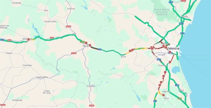 El temporal manté tallats al trànsit trams de l'A-3, A-7, bypass de València i altres vies principals