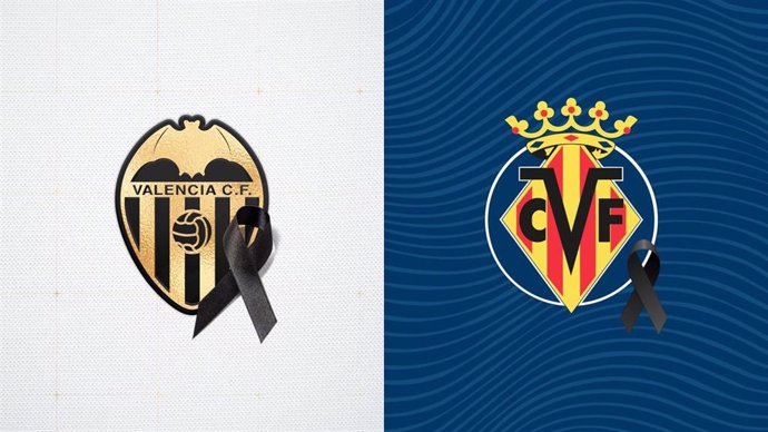 Los escudos de Valencia Cf y Villarreal CF con un lazo negro por las víctimas de la DANA.