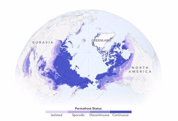 Este mapa  muestra la extensión del permafrost ártico.  La cantidad de permafrost que se encuentra debajo de la superficie varía desde continuo (en las zonas más frías) hasta parches más aislados y esporádicos.