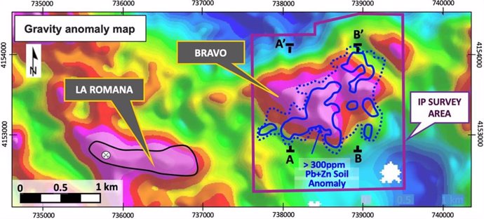 Figure 1 – Bravo gravity target and Pb+Zn soil anomaly, showing the IP survey location and helicopter electromagnetic cross-sections (A-A’, and B-B’). The map also highlights the proximity to the La Romana gravity anomaly and copper discovery. (CNW Group/