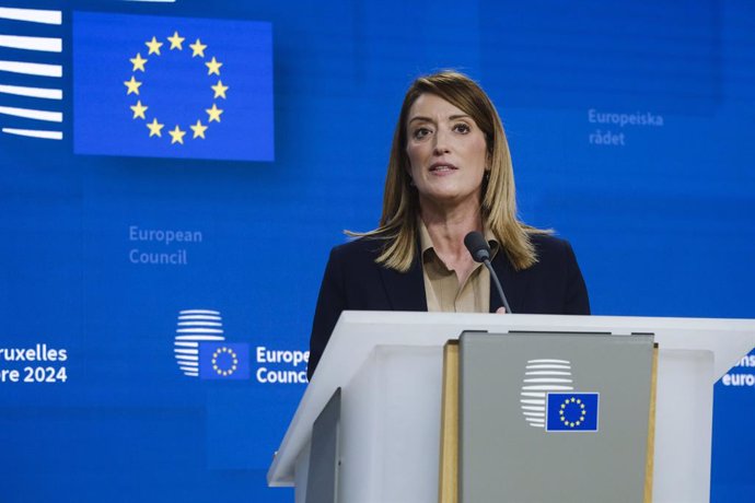 HANDOUT - 17 October 2024, Belgium, Brussels: EU Parliament President Roberta Metsola speaks during a press conference after attending the extraordinary summit of European Union heads of state and government. Photo: Alexandros Michailidis/EU Council/dpa -