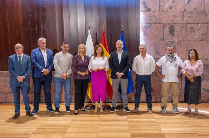 El presidente de Canarias, Fernando Clavijo; la consejera de Presidencia, Administraciones Públicas, Justicia y Seguridad, Nieves Lady Barreto, y representantes sindicales