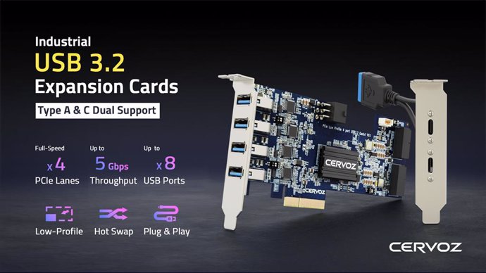 Cervoz’s Industrial USB 3.2 Expansion Cards: Designed for high-performance industrial applications, the MEC-USB-PL series offers up to 8 USB ports with dual Type-A and Type-C support, 5 Gbps throughput, and features like hot swap and plug-and-play functio