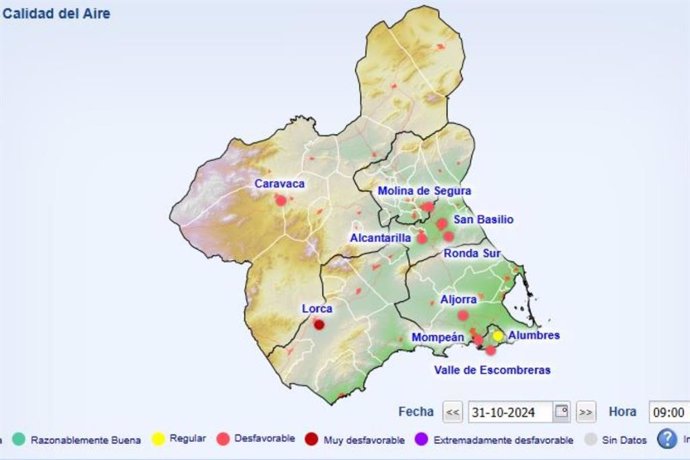 Mapa de avisos activos por calidad del aire