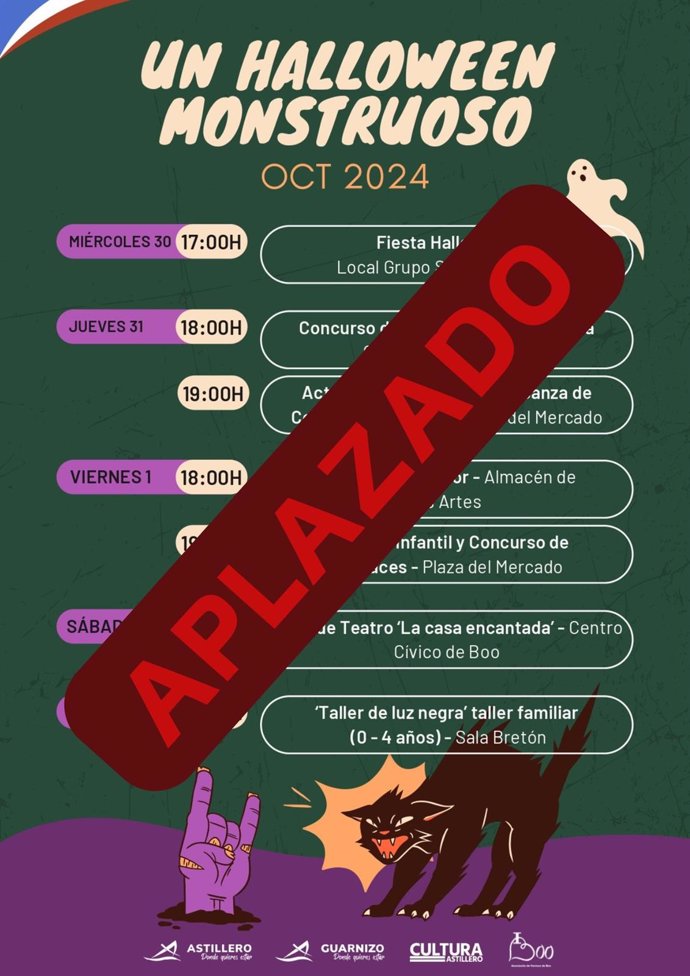 Cartel de actos de Halloween de Astillero aplazados por el luto nacional por la DANA