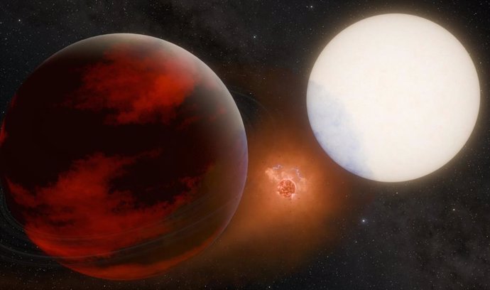 Esta concepción artística representa una posible luna volcánica entre el exoplaneta WASP-49 b, a la izquierda, y su estrella madre.