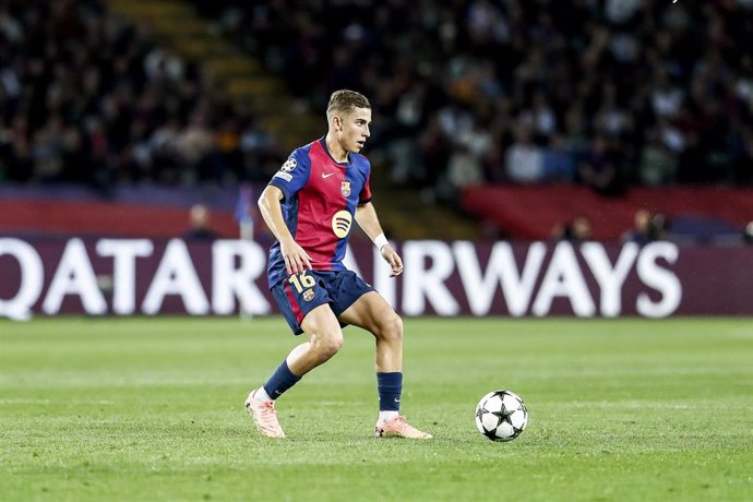 Fermin Lopez of FC Barcelona in action during the UEFA Champions League 2024/25 League Phase MD3 match between FC Barcelona and FC Bayern Munchen at Estadi Olimpic Lluis Companys on October 23, 2024 in Barcelona, Spain.