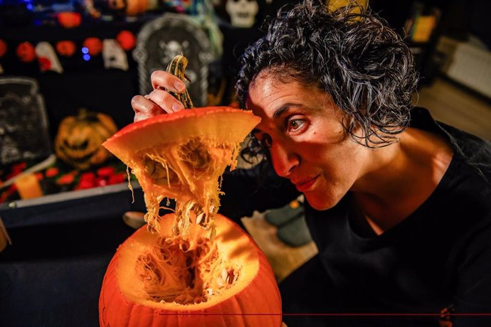 30 October 2024, Netherlands, Nijmegen: A woman takes out the guts of a pumpkin to use it for Halloween decorations. People visited a farm close to the city of Nijmegen to buy pumpkins to carve in preparation for the Halloween. Photo: Ana Fernandez/SOPA I