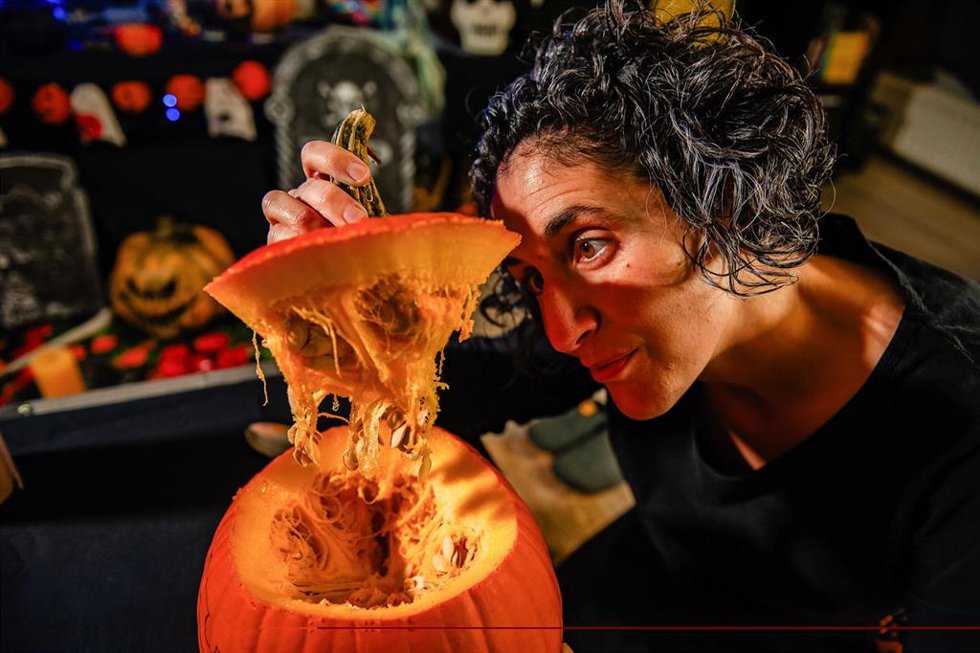 30 October 2024, Netherlands, Nijmegen: A woman takes out the guts of a pumpkin to use it for Halloween decorations. People visited a farm close to the city of Nijmegen to buy pumpkins to carve in preparation for the Halloween. Photo: Ana Fernandez/SOPA