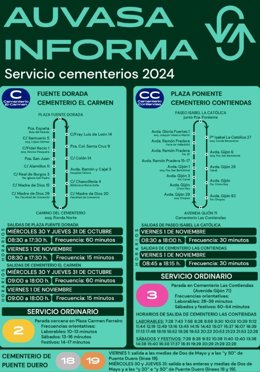 Información sobre los servicios de Auvasa a los cementerios con motivo del 1 de noviembre.