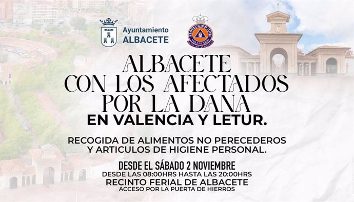 El Ayuntamiento de Albacete inicia una campaña para la recogida alimentos, artículos de higiene y productos de limpieza para los damnificados por la DANA en Valencia y Letur.