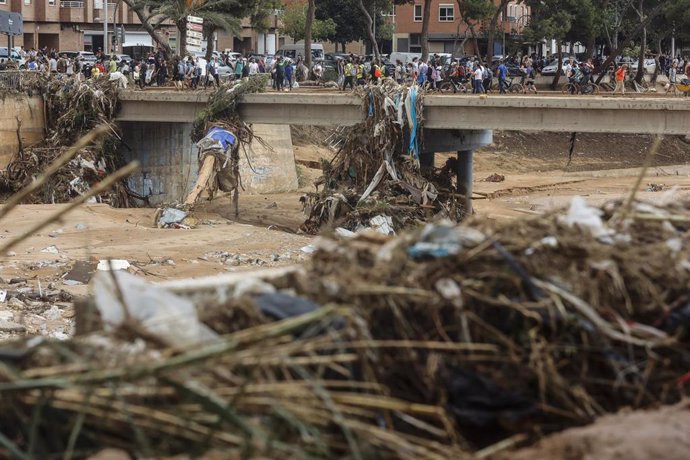 Varias personas limpian los estragos ocasionados por la DANA en Valencia