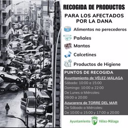 Cartel con puntos de recogida de productos en Vélez-Málaga para afectados por la DANA