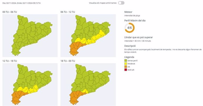 Avisos por lluvias por comarcas en Catalunya para este sábado, 2 de noviembre de 2024