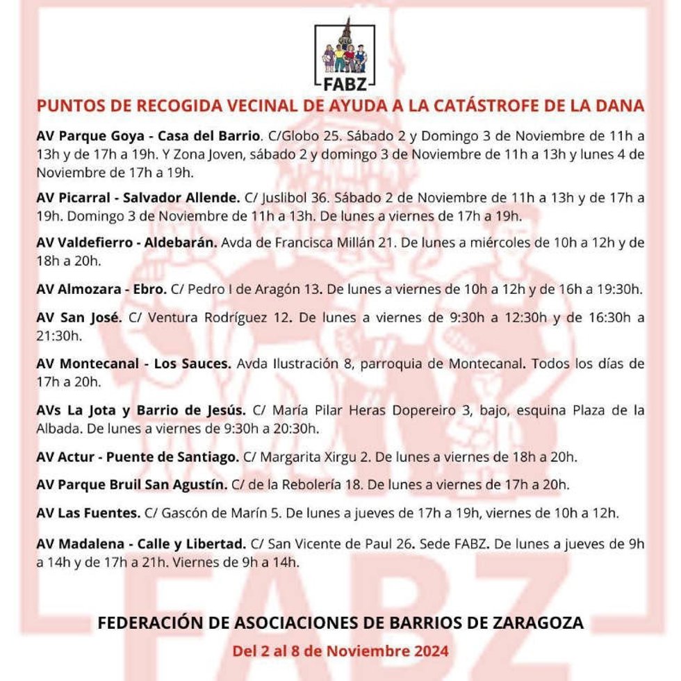 Listado de asociaciones de vecinos de Zaragoza que recogen donaciones para los afectados por la DANA