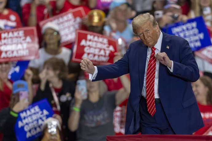 30 October 2024, US, Rocky Mount: Former USPresident and Republican presidential candidate, Donald Trump, speaks during a campaign rally at the Rocky Mount Event Center in Rocky Mount. Photo: The News & Observer/TNS via ZUMA Press Wire/dpa