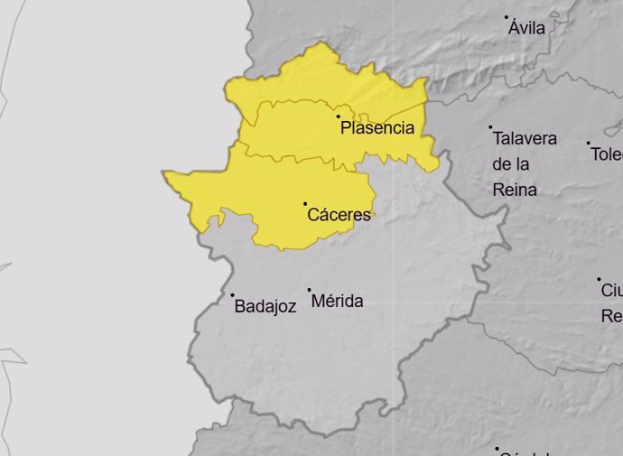 Zonas en aviso amarillo por lluvias este martes en la provincia de Cáceres.