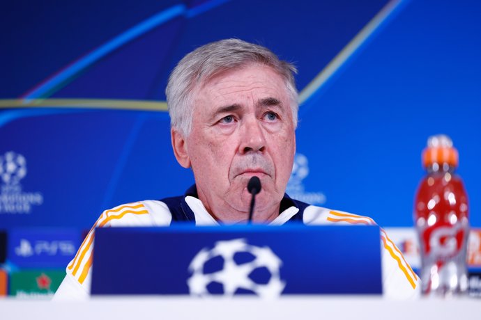 Carlo Ancelotti, head coach of Real Madrid, attends his press conference ahead of the UEFA Champions League, football match against Borussia Dortmund, at Ciudad Deportiva Real Madrid on October 21, 2024, in Valdebebas, Madrid, Spain.