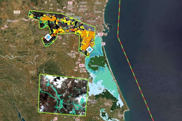 Mapa provisiona de zonas afectadas por la DANA en Valencia de Telespazio Ibérica