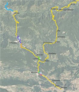 Recorrido de la Vía Verde, con los tramos objeto de modificación marcados.