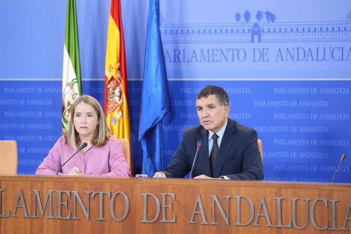 Los parlamentarios del PSOE-A Alicia Murillo y Gaspar Llanes, en rueda de prensa en el Parlamento andaluz.