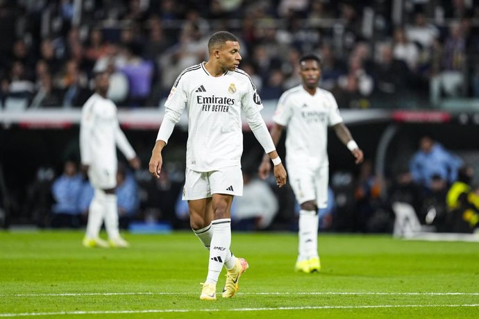 Kylian Mbappe of Real Madrid looks on during the Spanish league, La Liga EA Sports, football match played between Real Madrid and FC Barcelona at Santiago Bernabeu stadium on October 26, 2024, in Madrid, Spain.