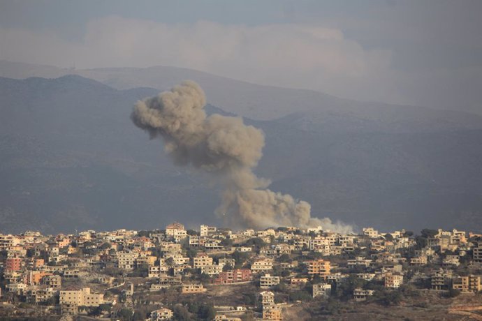 KHIAM, Nov. 3, 2024  -- Smoke billows after Israeli airstrikes in Khiam, Lebanon, on Nov. 2, 2024. Israeli airstrikes on eastern and southern Lebanon on Friday and Saturday morning have killed at least 69 people and injured 126 others, according to local 