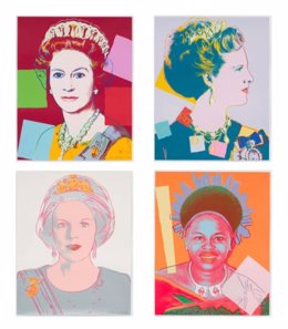 La edición completa de la serie de 1985 'Reigning Queens', que incluía retratos serigrafiados de cuatro monarcas femeninas: Isabel II del Reino Unido, Margarita de Dinamarca, Beatriz de los Países Bajos y Ntombi Tfwala, de Eswatini, antes Swazilandia.