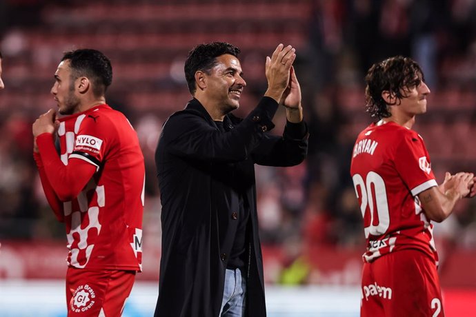 Michel Sanchez, head coach of Girona FC celebrate with the fans after the team's victory during the Spanish league, La Liga EA Sports, football match played between Girona FC and CD Leganes at Estadio de Montilivi on November 02, 2024 in Girona, Spain.