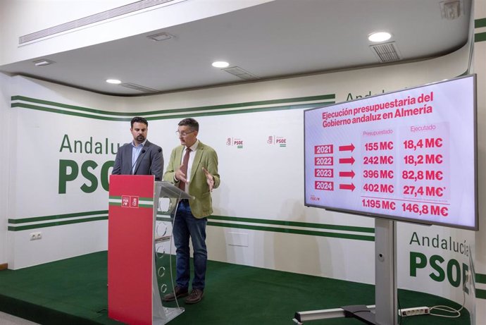 Los parlamentarios autonómicos por el PSOE de Almería, José Luis Sánchez Teruel y Mateo Hernández, durante una rueda de prensa.