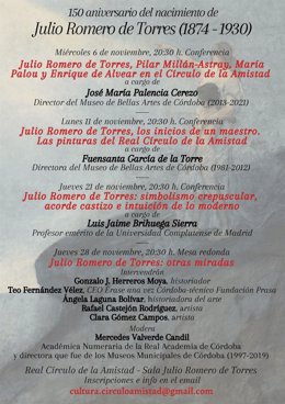 Cartel del ciclo 'Otras miradas' con el que el Real Círculo de la Amistad de Córdoba rinde homenaje al pintor Julio Romero de Torres desde el miércoles 6 de noviembre.