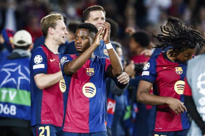 Ansu Fati of FC Barcelona celebrates after winning the UEFA Champions League 2024/25 League Phase MD3 match between FC Barcelona and FC Bayern Munchen at Estadi Olimpic Lluis Companys on October 23, 2024 in Barcelona, Spain.