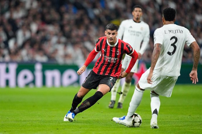 Alvaro Morata of AC Milan in action during the UEFA Champions League 2024/25 League Phase MD4 match between Real Madrid CF and AC Milan at Estadio Santiago Bernabeu on November 5, 2024, in Madrid, Spain.