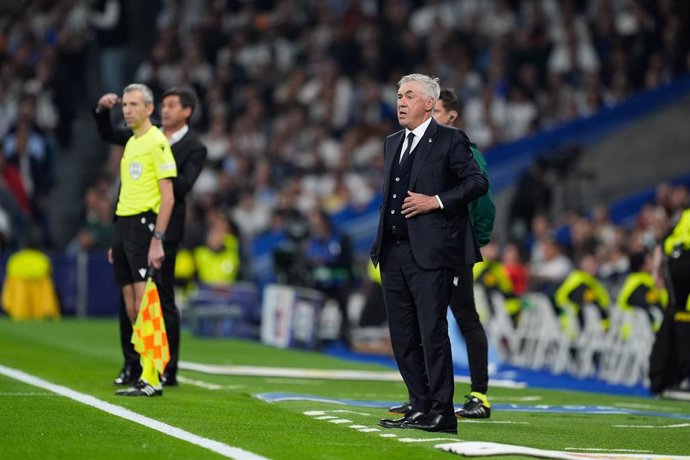 Carlo Ancelotti, head coach of Real Madrid, gestures during the UEFA Champions League 2024/25 League Phase MD4 match between Real Madrid CF and AC Milan at Estadio Santiago Bernabeu on November 5, 2024, in Madrid, Spain.