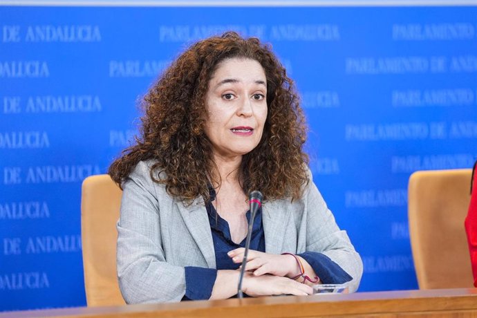 La portavoz del Grupo Por Andalucía, Inmaculada Nieto, durante la ronda de ruedas de prensa de portavoces de los grupos parlamentarios en el Parlamento de Andalucía, a 6 de noviembre de 2024 en Sevilla (Andalucía, España). Los portavoces de los grupos par