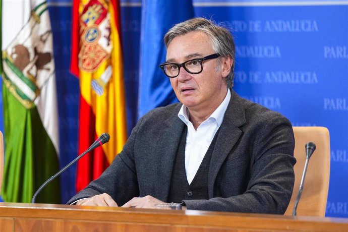 El portavoz del Grupo Parlamentario Vox, Manuel Gavira, durante la ronda de ruedas de prensa de portavoces de los grupos parlamentarios en el Parlamento de Andalucía, a 6 de noviembre de 2024 en Sevilla (Andalucía, España). Los portavoces de los grupos pa