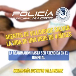 Policías municipales salvan la vida de un bebé que se asfixiaba en una casa de Usera