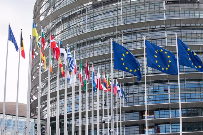 October 22, 2024, Strasbourg, France: EU Flag and 27 members of European countries at the front door of  the European Parliament building where the debating on the Iranian regimeís Ăstate-sponsored terrorismĂ was held. Hundreds of Iranians, supporters o