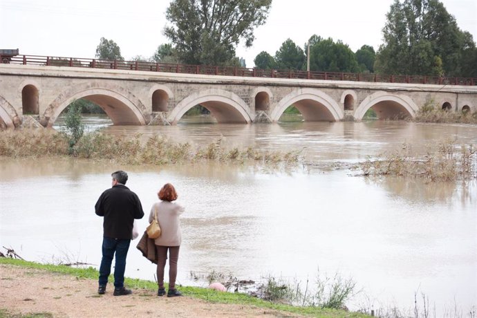 Dos personas observan la crecida del río Guadalete a su paso por el puente de La Cartuja en Jerez de la Frontera (Cádiz). ARCHIVO.