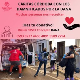 Cartel de la campaña de emergencia de captación de fondos de Cáritas Diocesana de Córdoba para los damnificados por la DANA.