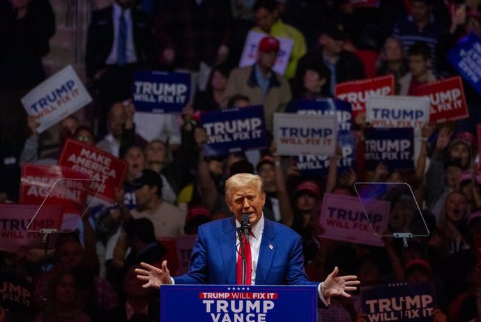 27 October 2024, US, New York: Republican presidential candidate Donald Trump speaks at a rally at Madison Square Garden as the United States presidential election enters its final 10 days. Photo: Jen Golbeck/SOPA Images via ZUMA Press Wire/dpa