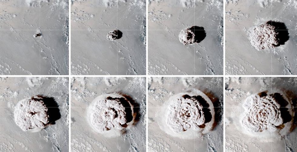 Un satélite de observación de la Tierra de la NASA registró las diferentes etapas de la nube volcánica el 15 de enero de 2022.