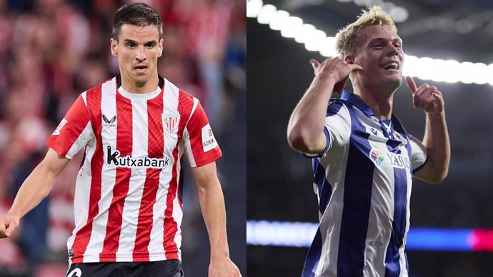 Los futbolitas Iñigo Ruiz de Galarreta (Athletic Club) y Oskarsson (Real Sociedad).